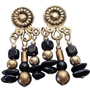 Black Gold Beaded Dangle Earrings Statement Post 1.5" Vintage Beads